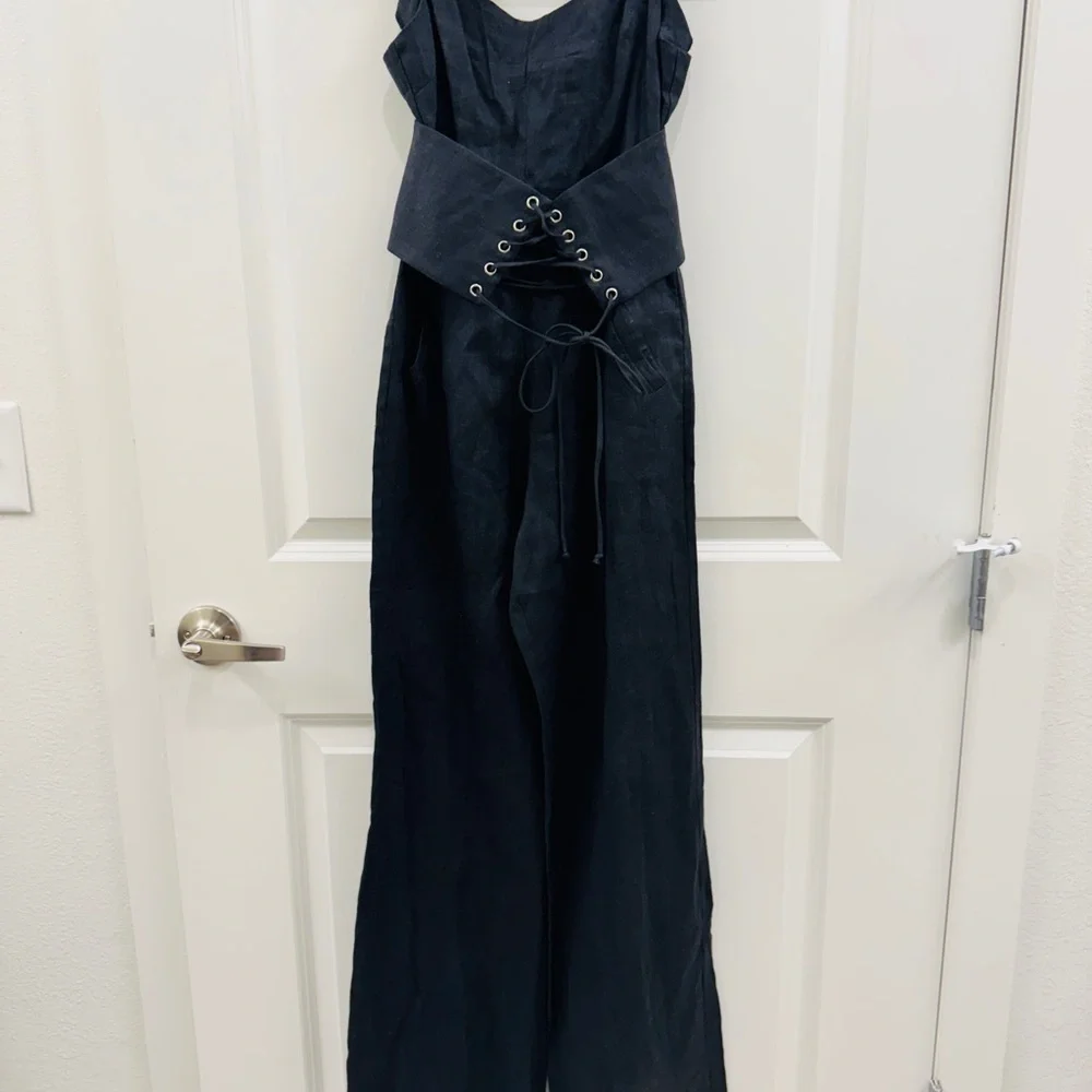 Reformation Pace Black Linen Corset Wideleg Jumpsuit